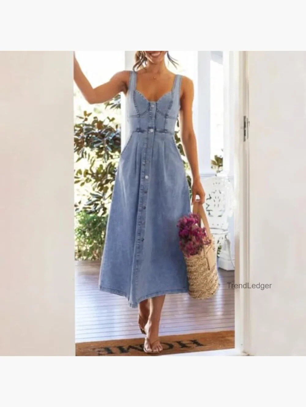 Sleeveless Button Down Slim Fit Midi Jean Dress A-Line - Picture 3 of 7